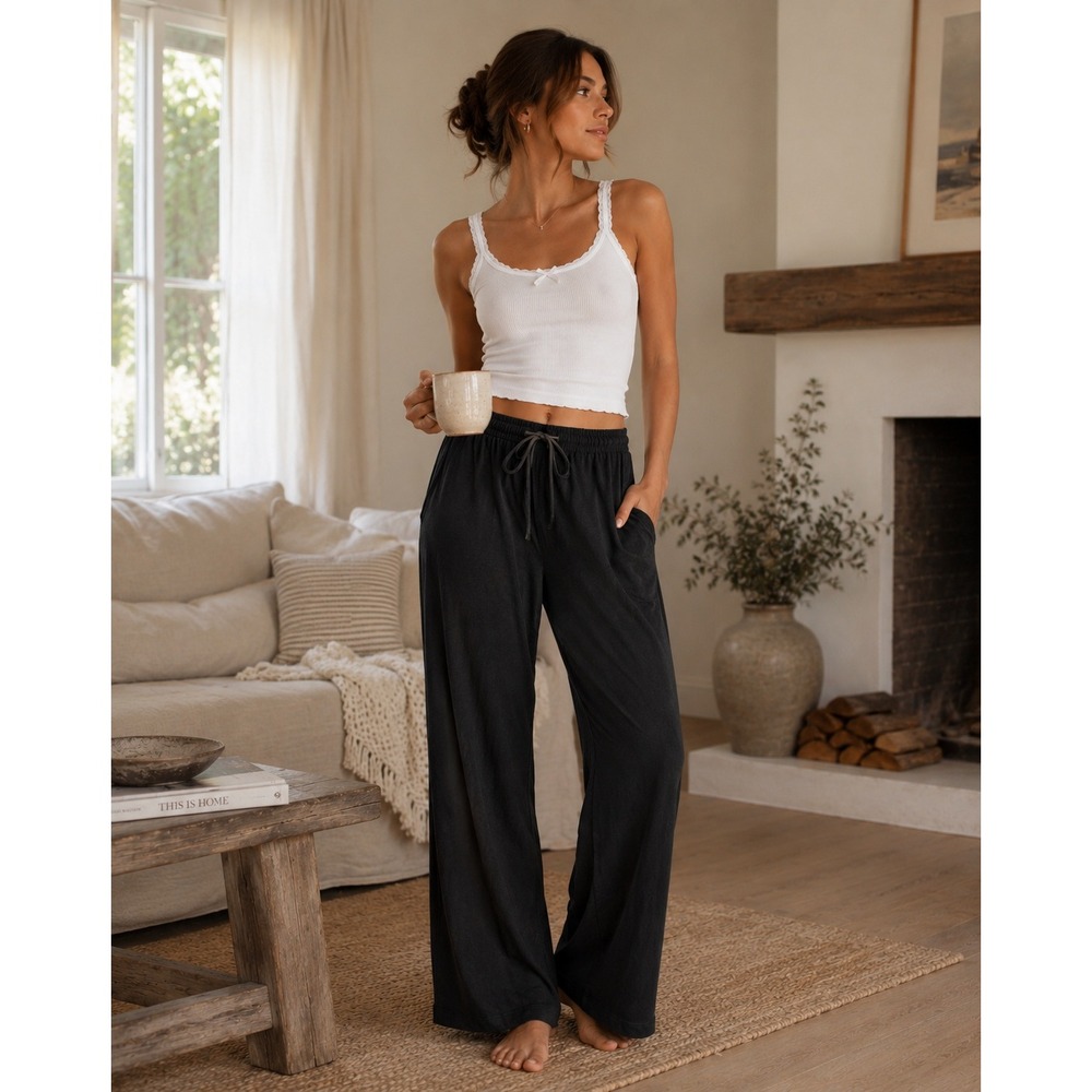 LESET Pants Womens Medium Black Wide Leg Loungewear Minimalist